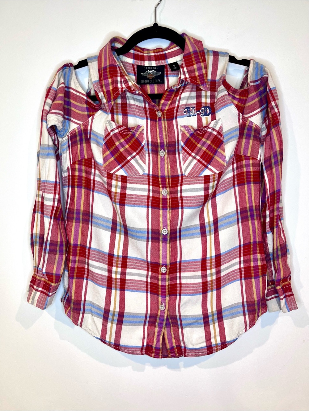 Harley-Davidson Women’s Small Plaid Cold Shoulder Button Up Shirt Eagle Graphic